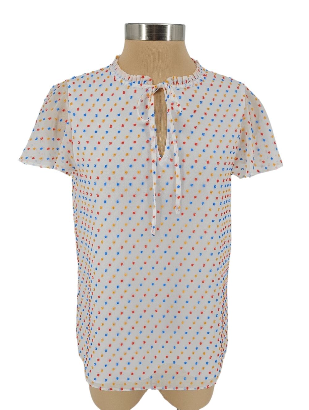 Draper James Shirt White Swiss Polka Dot Short Sleeve Ruffle Keyhole Neck Small